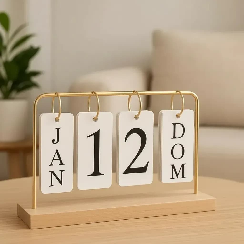 Calendário de Mesa Decorativo com Plaquinhas Preto/Dourado Permanente Escritório