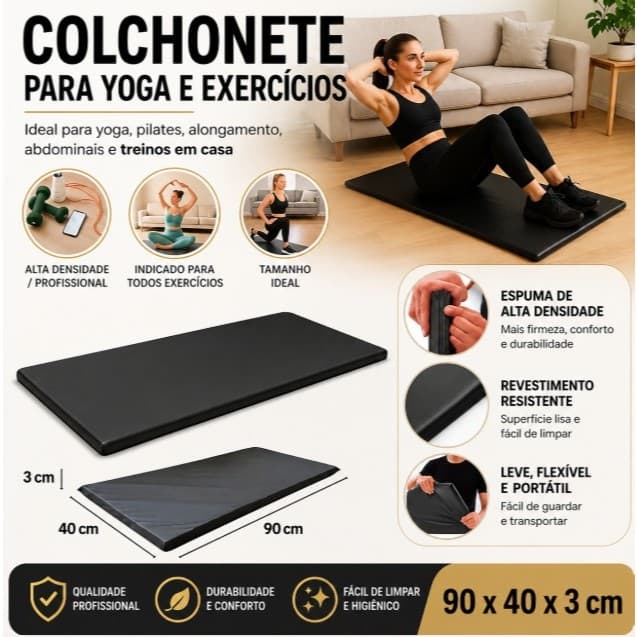 Colchonete Academia 90x40x3 cm Preto e Azul Espuma Macia D-23 Impermeável Yoga Pilates