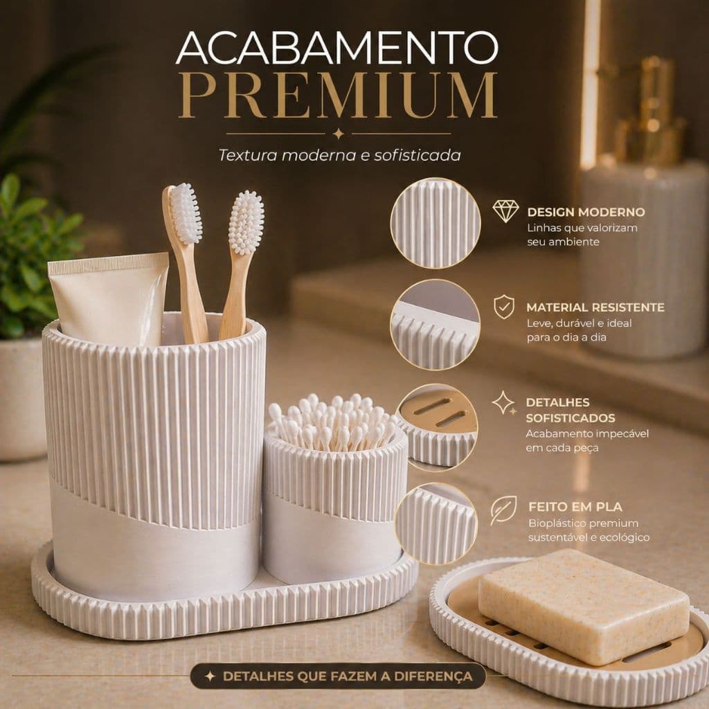 Kit Banheiro Completo Luxo Bandeja Porta Escova Saboneteira Organizador Moderno Minimalista