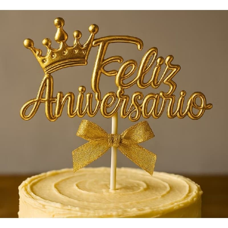 Topo de Bolo Topper Escrito Feliz Aniversario com Coroa 2 Cores
