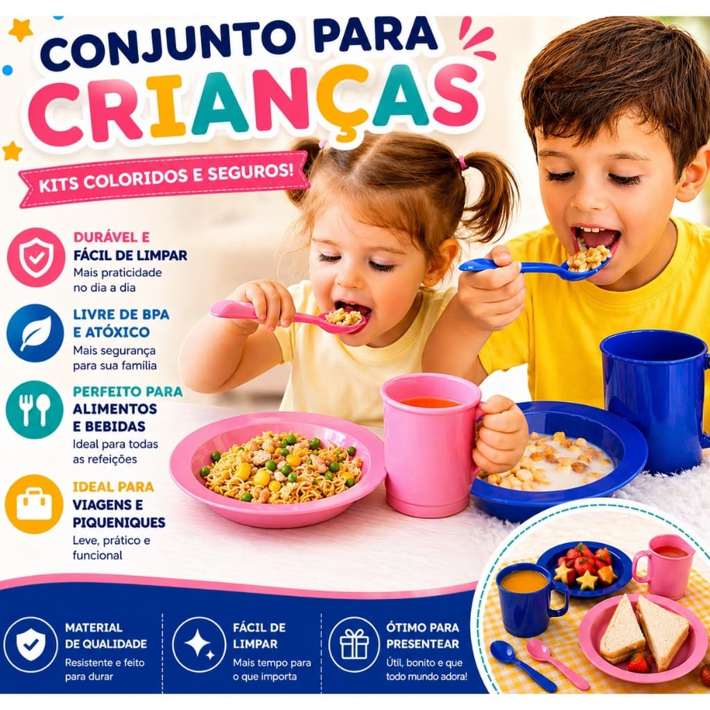 kit merenda 2 prato + colher + canecas cores vivas resistente servir bolo festa refeição aniversario