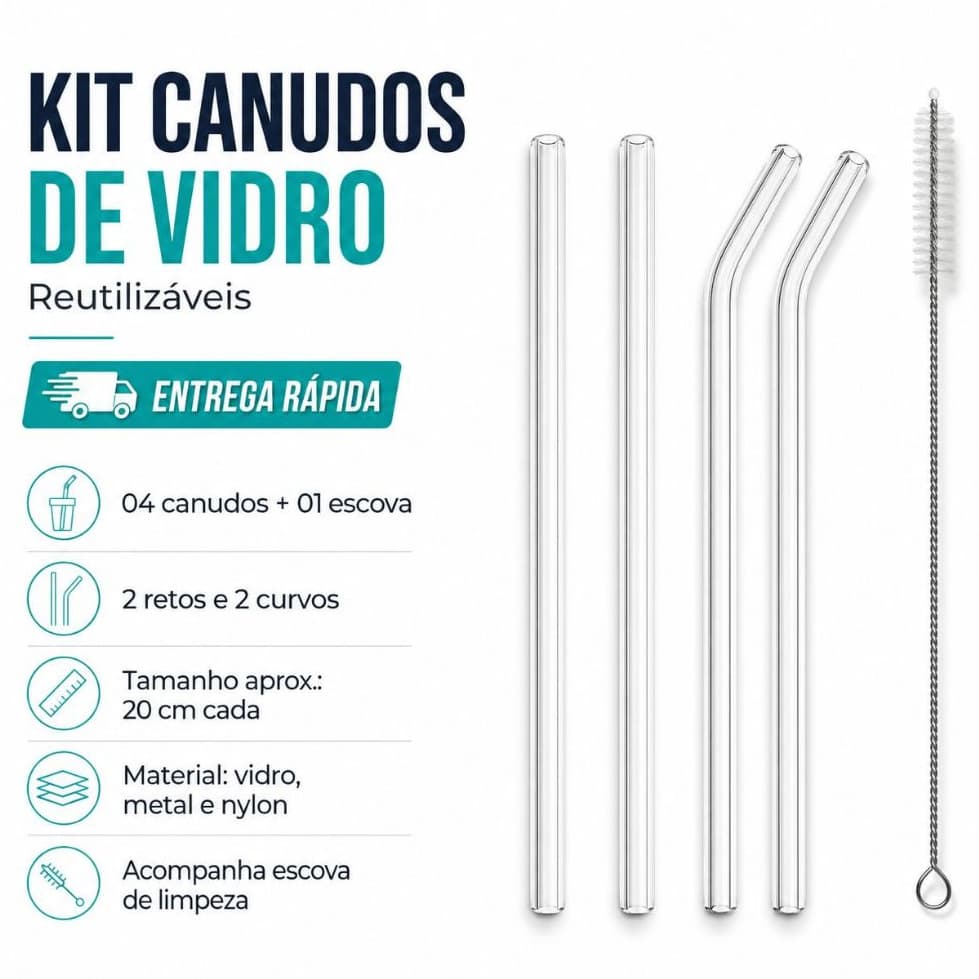 Kit 8 Canudos de Vidro e 2 Escova de Limpeza Transparente Ecológico e Higiênico