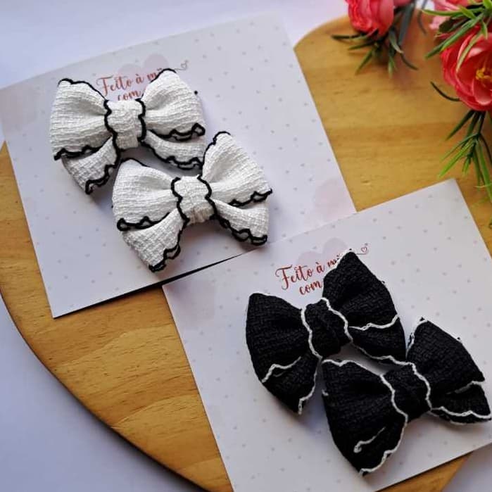 Laço Infantil Menina Preto e Branco Par Presilha 7cm Laço de Cabelo Luxo