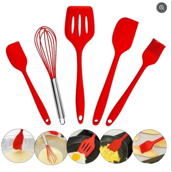 🍳 Kit Utensílios de Cozinha Silicone 5 Peças Antiaderente Espátula Colher Concha Resistente Calor Não risca suas Panelas