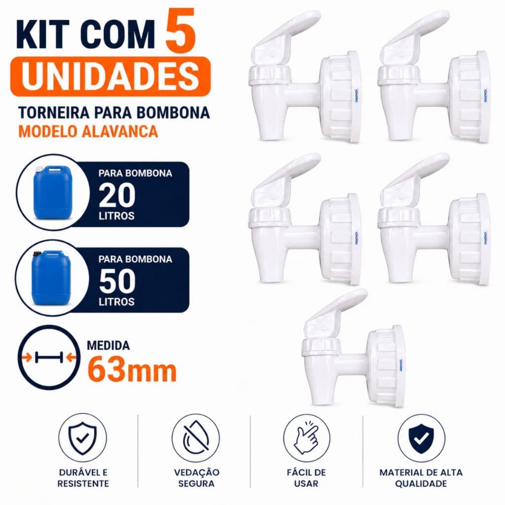 Kit C/ 5 Torneiras + Tampa p/ Bombona 20 Litros Rosca 63