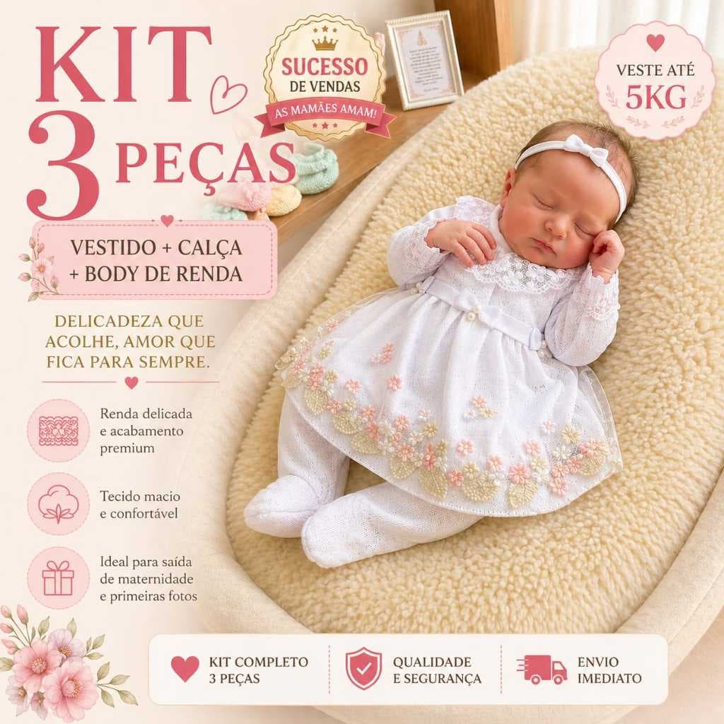 Kit Saída de Maternidade Menina 3 Peças em Renda – Vestido + Calça + Body | Tam Único até 5kg | Envio Imediato
