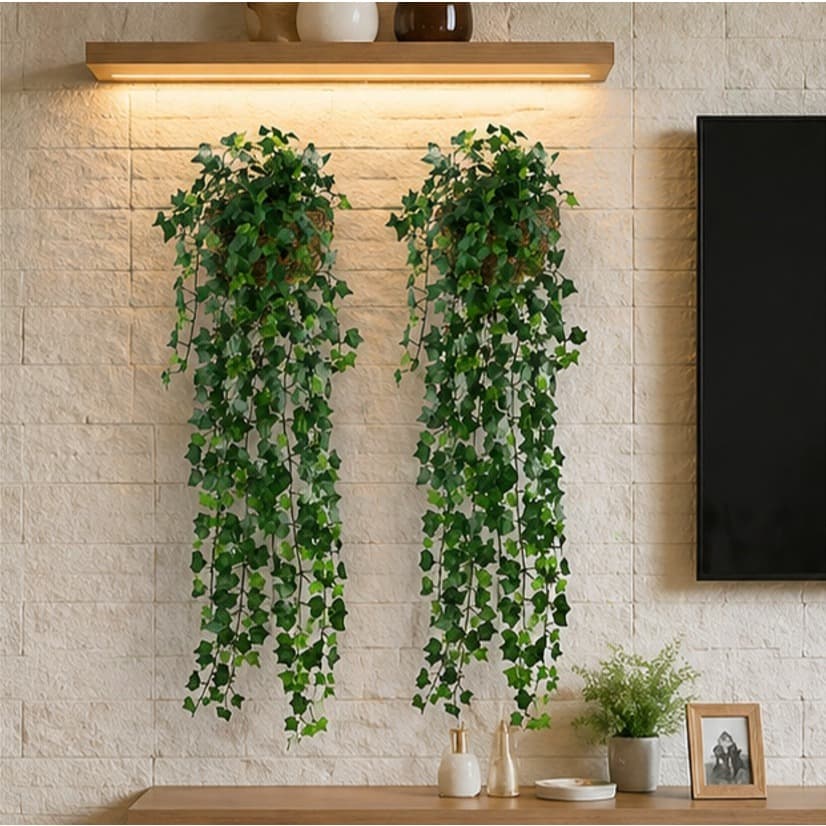 1 Kit Vaso trançado + 2 Planta Pendurada Verde Artificial Parede Varanda Pendente Decoracao