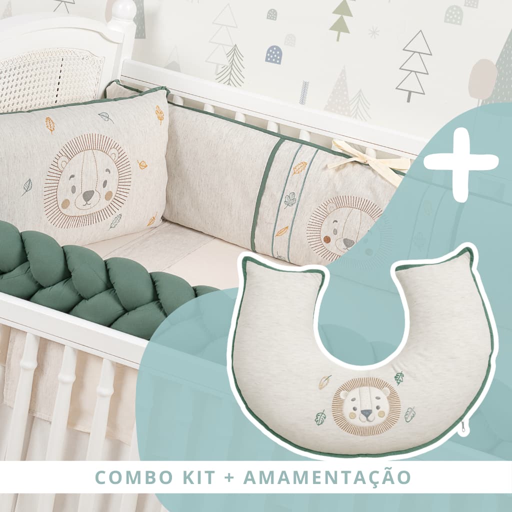 Kit Berço Luxo Leão Verde Linho 100% Algodão + Almofada Amamentação Luxo