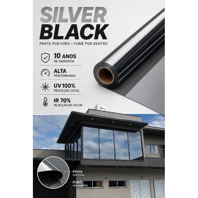 Película Espelhada Silver Black 1m x 5m Controle Solar Privacidade Janela Vidro Residencial