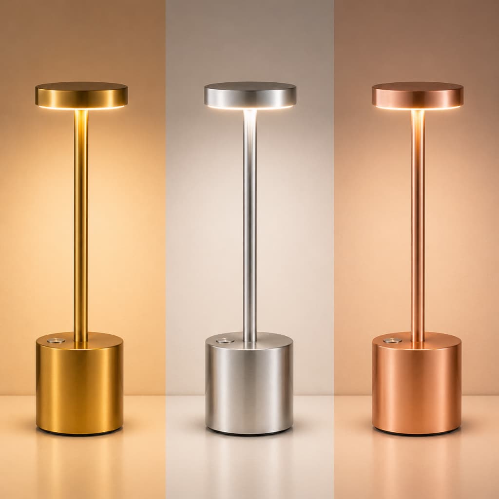 Luminária LED Sem Fio Recarregável Touch Abajur Mesa 3 Cores Luz Metalizada