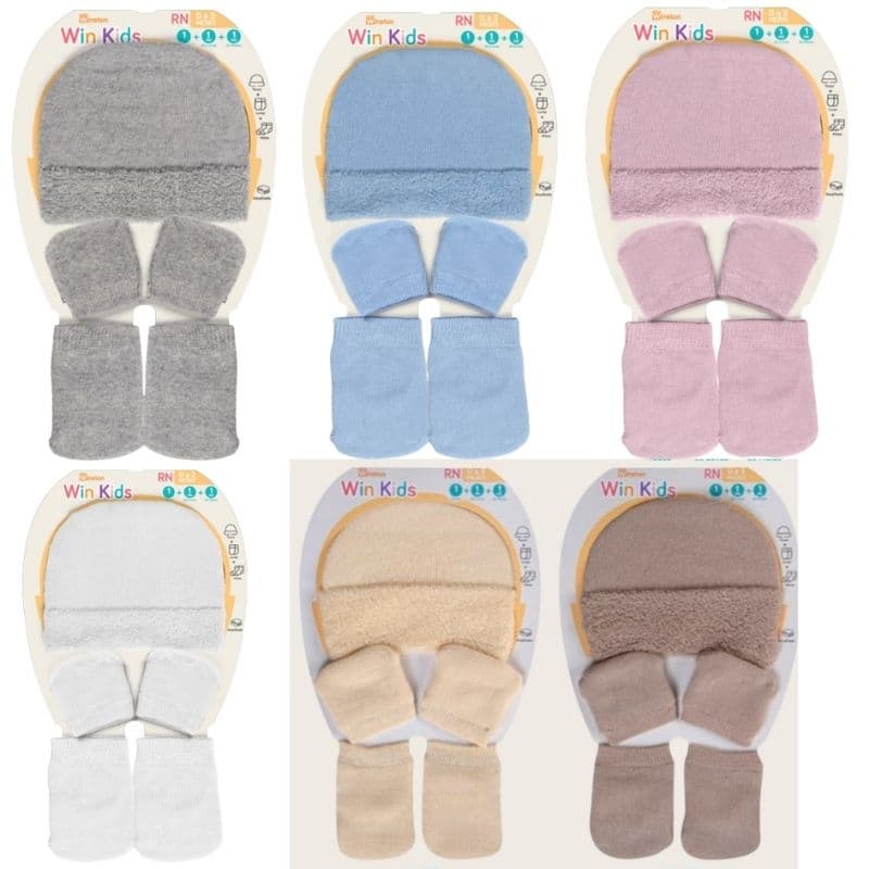 Kit touca, luva e meia maternidade Winston Cinza, azul, branco, rosa | enxoval, bebê recém nascido