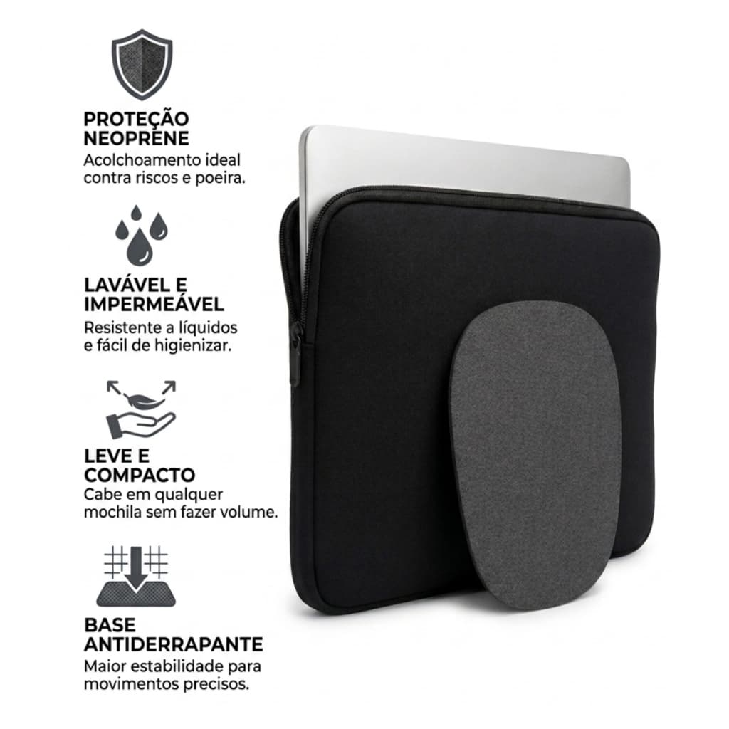 Kit Capa Luva Notebook 15-15.6 + Mouse Pad Proteção Preto Kit Home Office