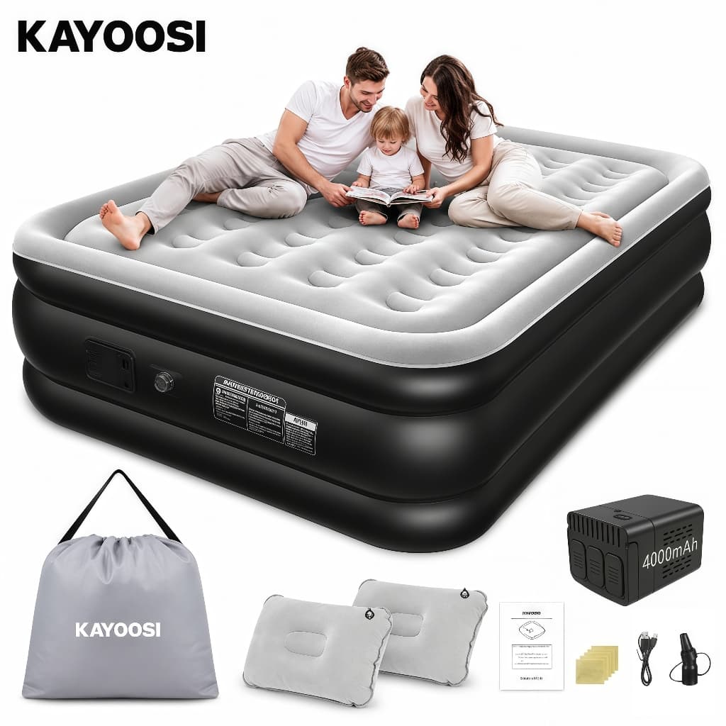 Colchão Inflável Casal Queen Kayoosi com Bomba Elétrica Embutida 2 Travesseiros 203 x 152 x46 cm