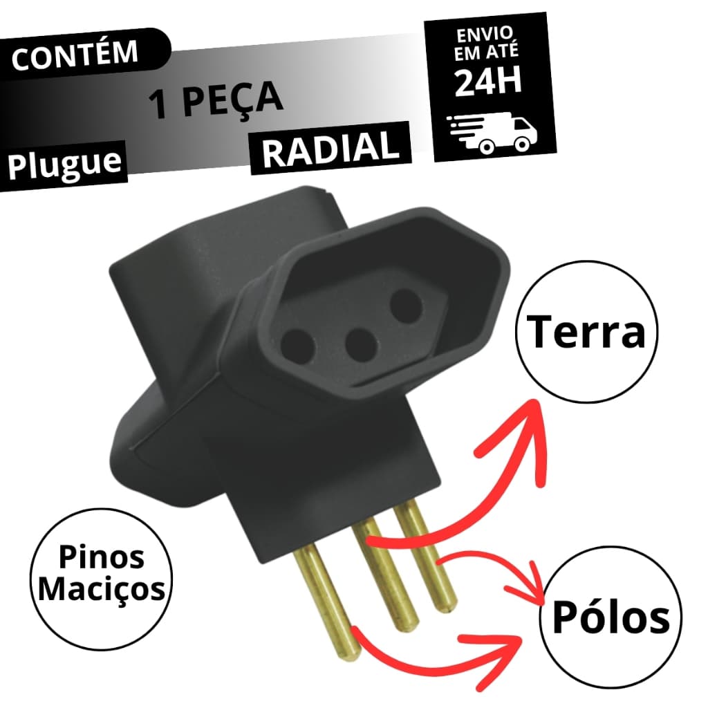 Plugue 3 Saídas Preto 2 P+T 10a Maciços Radial 1501.156