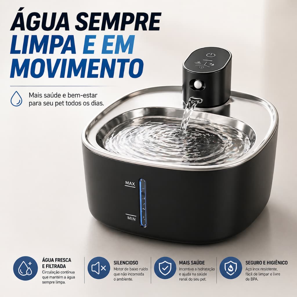 Bebedouro Pet Inox Fonte Água Wireless Automático Silencioso Gato Cachorro