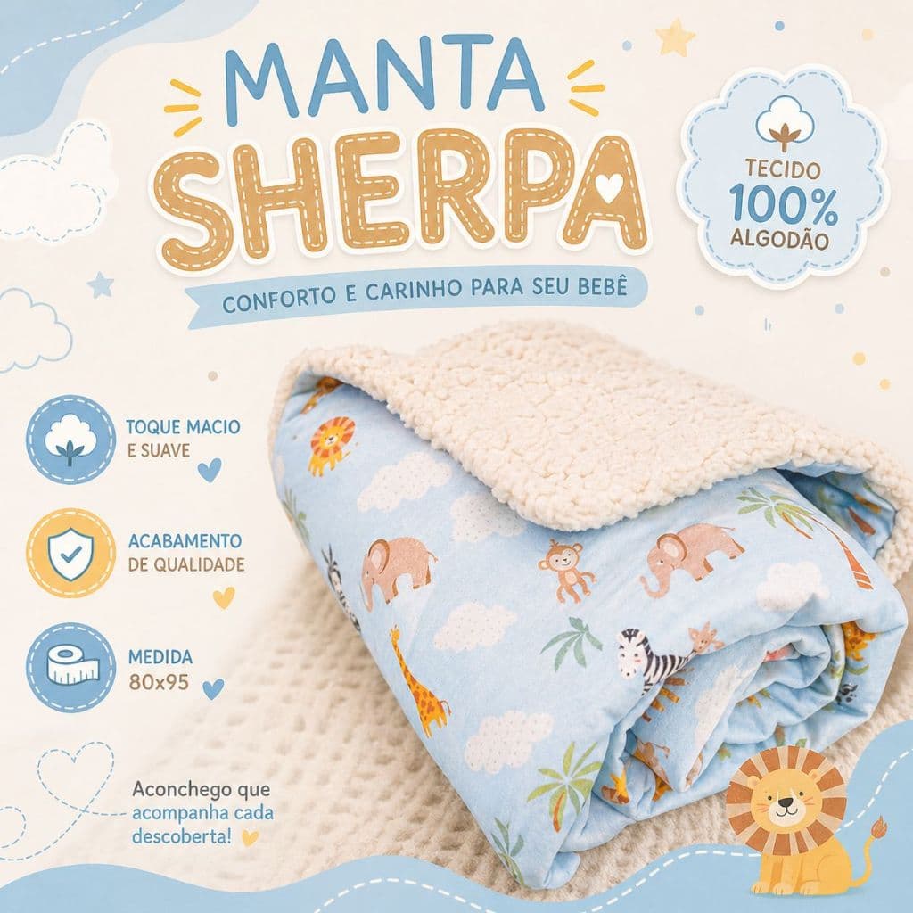 Manta Bebê Sherpa Inverno Dupla Face 100% Algodão Antialérgica Quentinha Macia