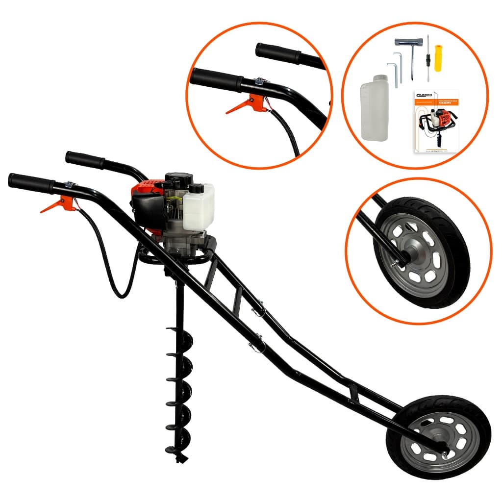 Kit Perfurador de Solo a Gasolina 2T 52cc 2,5HP com Broca 80x10cm e Carrinho Carbon Fak