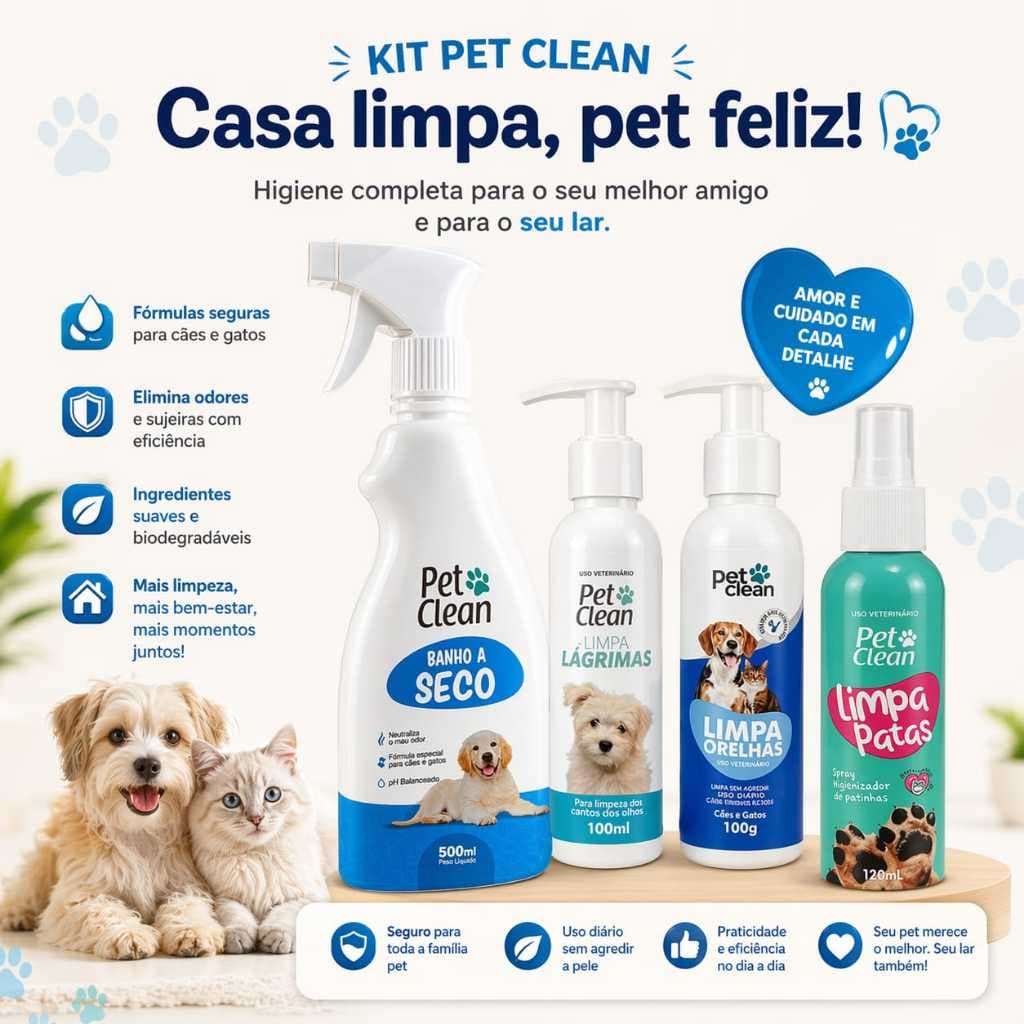 Higiene Completa Banho a Seco + Limpa Lágrimas + Limpa Orelhas + Limpa Patas Para Cães e Gatos