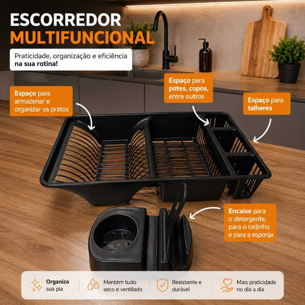 Escorredor de Louça, Kit Pia, Porta Detergente, Rodinho - Cozinha Completa