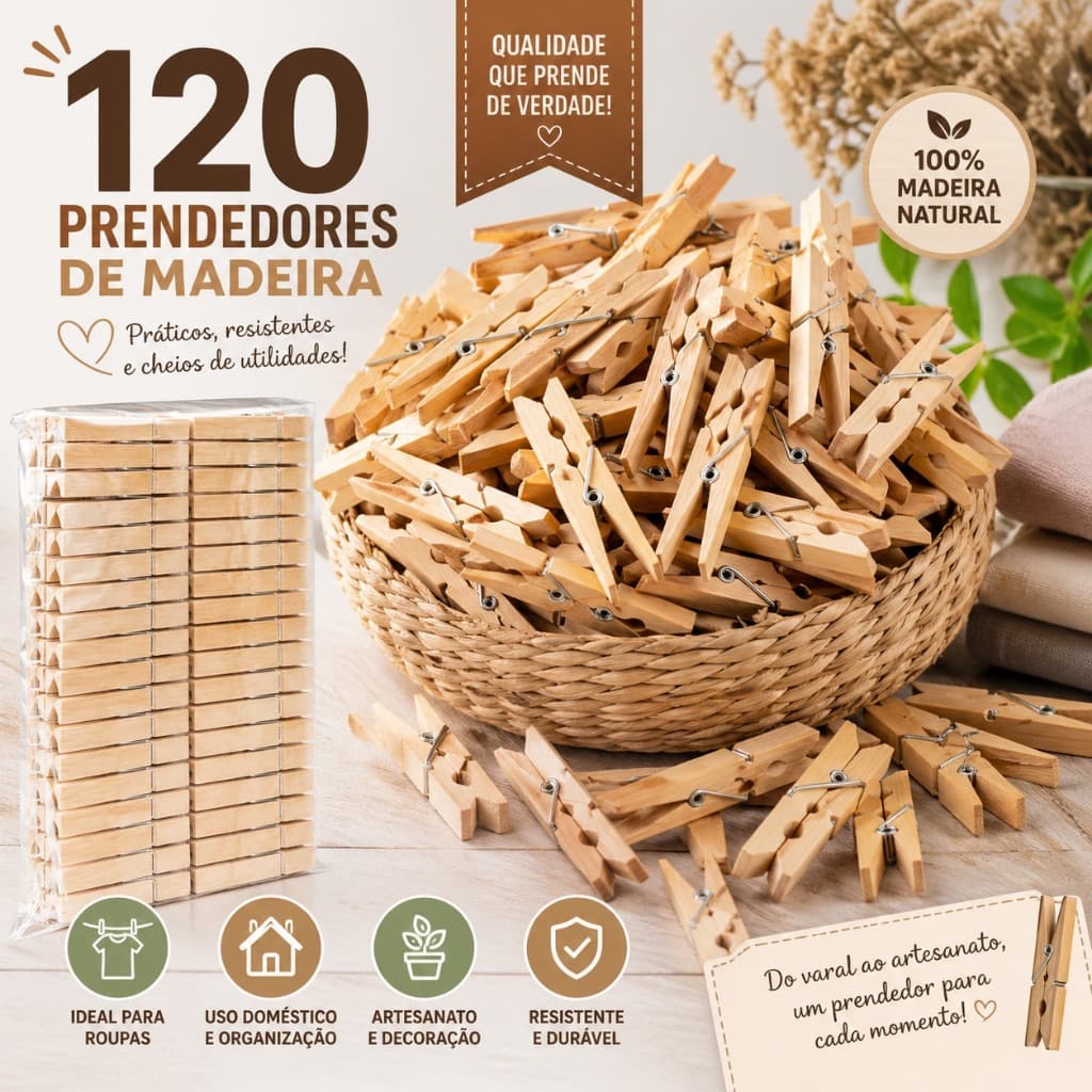 Prendedor de Roupa de Madeira Reforçados Kit com 120 Uso Doméstico