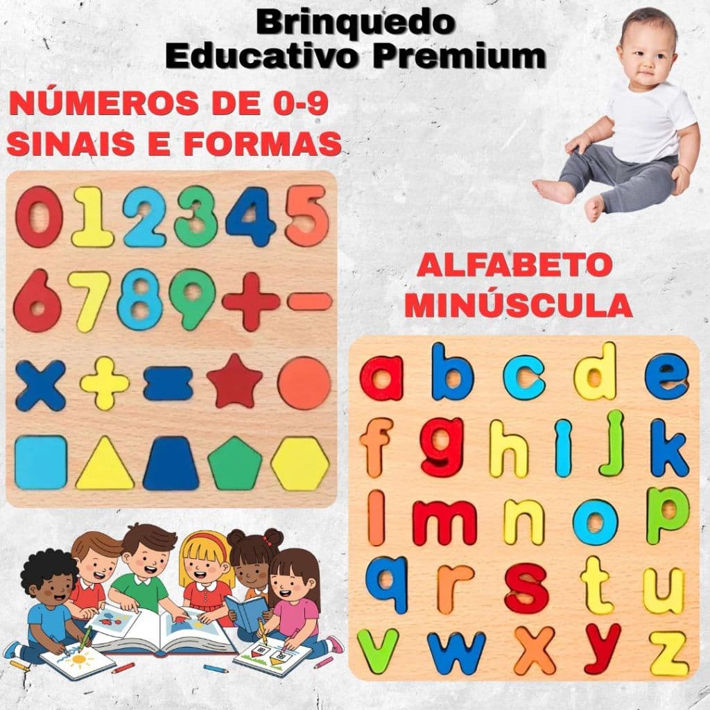 Brinquedo Educativo Infantil Madeira Letras Minúsculas ou Números + Formas Encaixe 1 Peça