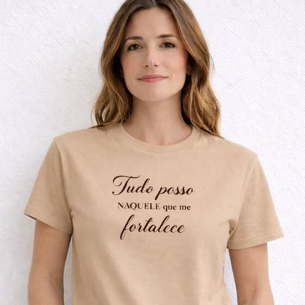 Camisa Camiseta T-Shirt Cristã 100% Algodão Versículos "Tudo Posso Naquele que me fortalece"" Lumix