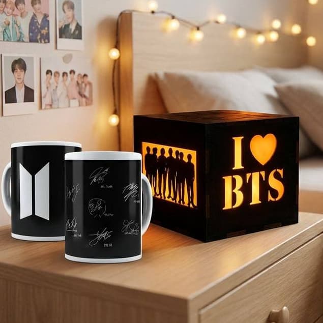 Luminária E Caneca Bts Estampada Assinatura Dos Integrantes
