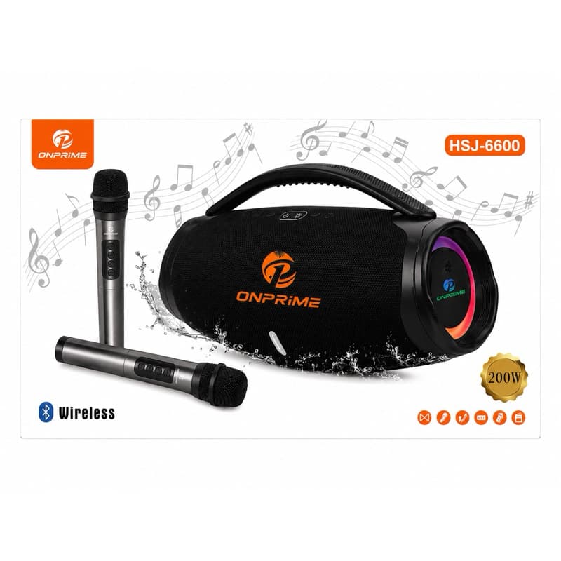 Super Caixa de Som HSJ 6600 karaoke potente 200W RMS pendrive bluettoo com 2 microfones sem fio