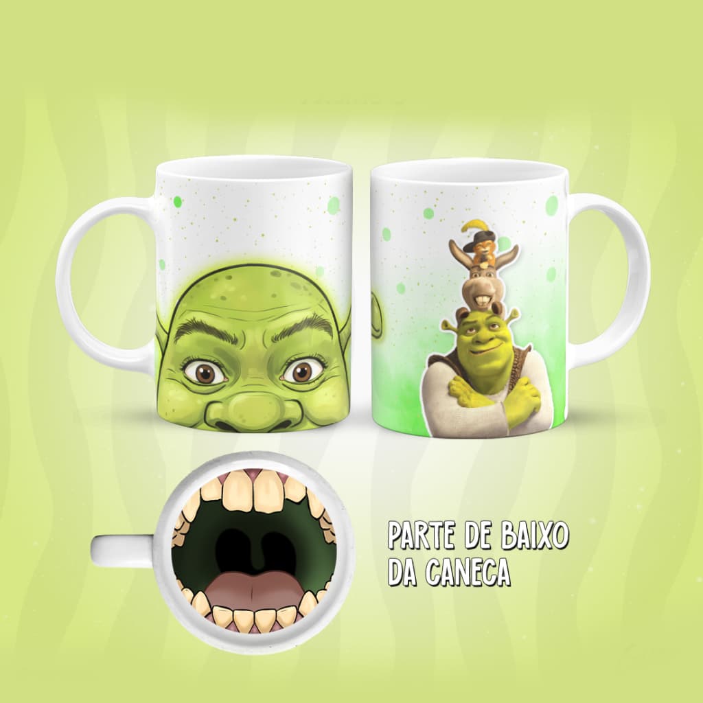 Caneca personalizada Shrek Burro e Gato de botas com bocão