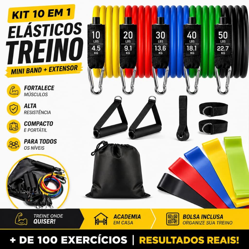 Kit 10 Elástico Pró Treino Mini Band + Elástico Extensor Fisioterapia Funcional Academia em Casa Reabilitação