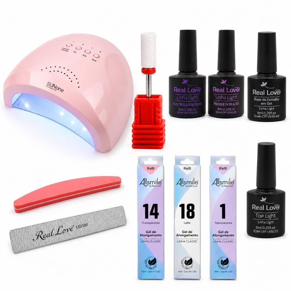 Kit Completo Unhas Gel Cabine UV LED Brocas Lixas Primer Top Coat Base Gel