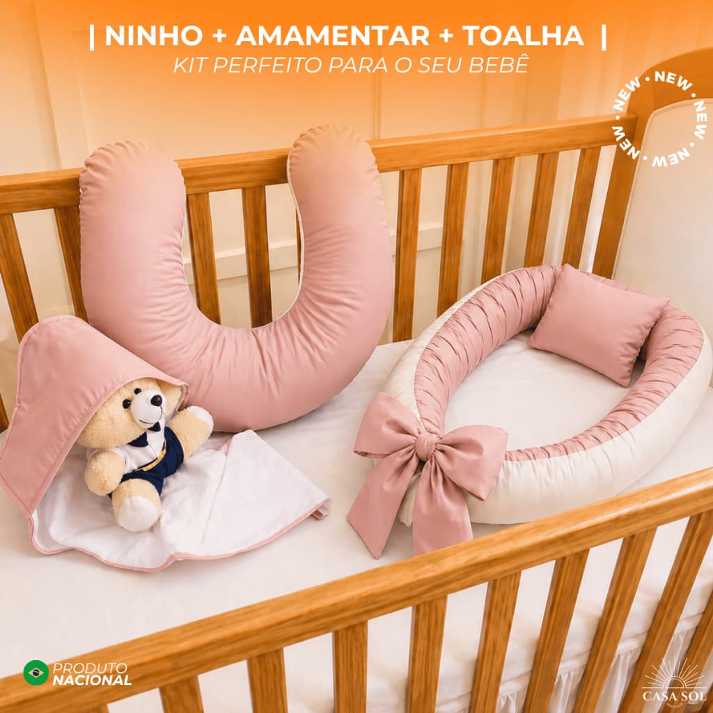 KIT MATERNIDADE – NINHO REDUTOR DE BERÇO  |  ALMOFADA AMAMENTAÇÃO  |  TOALHA COM CAPUZ  | 400 FIOS