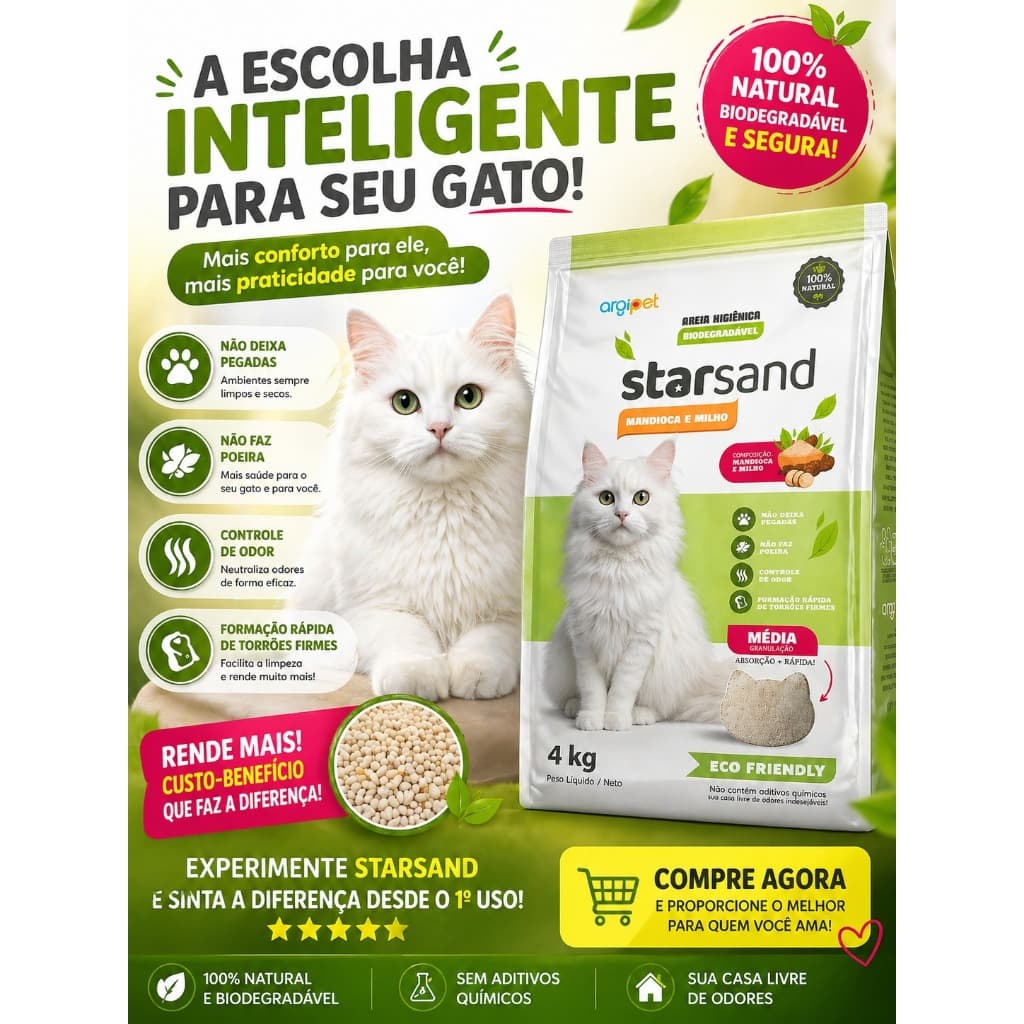 Areia para Gato Starsand 4kg Natural Granulação Média Alta Absorção Sem Cheiro