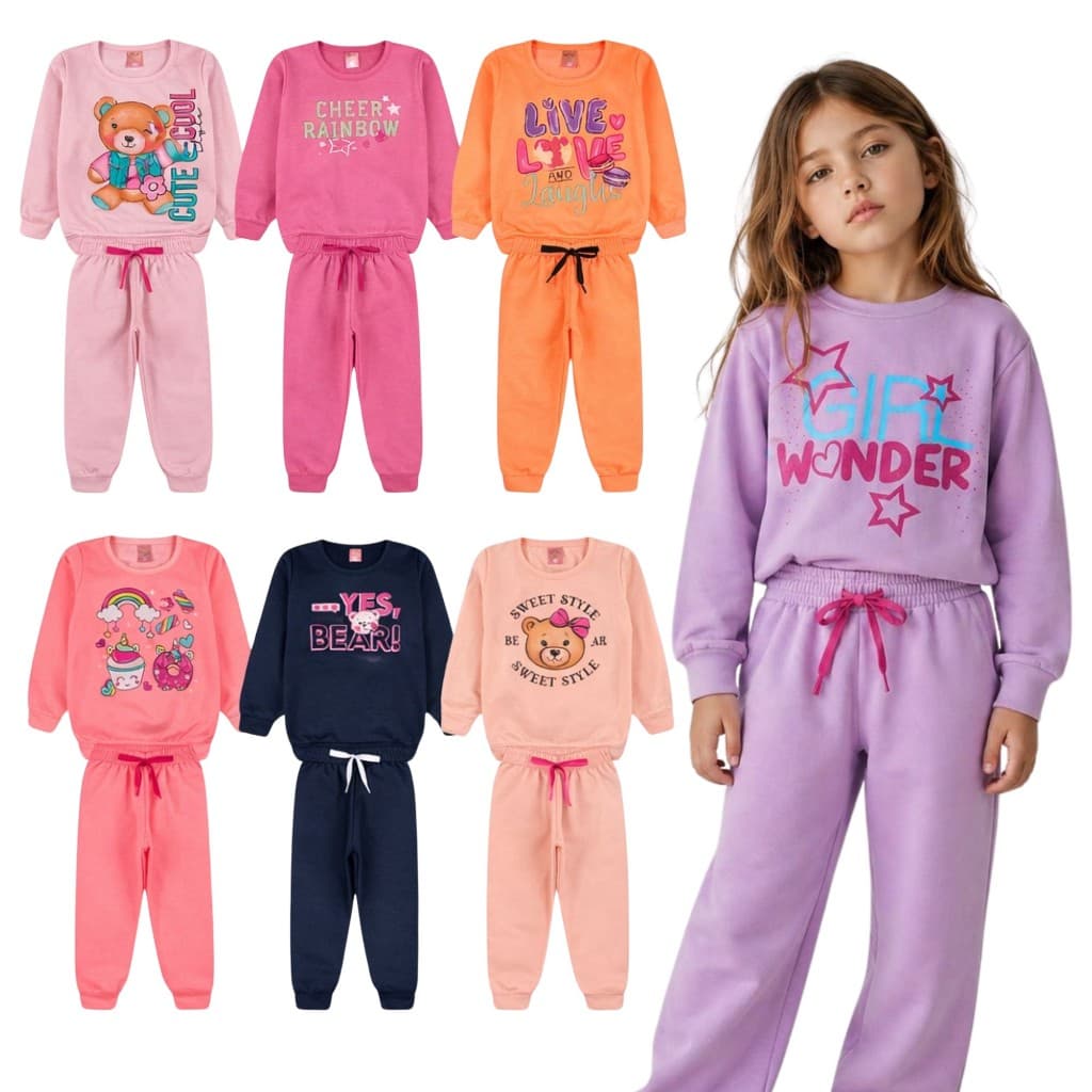 Kit 5 Conjuntos Sortidos de Moletom Infantil Feminino Peluciado Inverno 1 a 14 Anos Roupa Menina Sortido