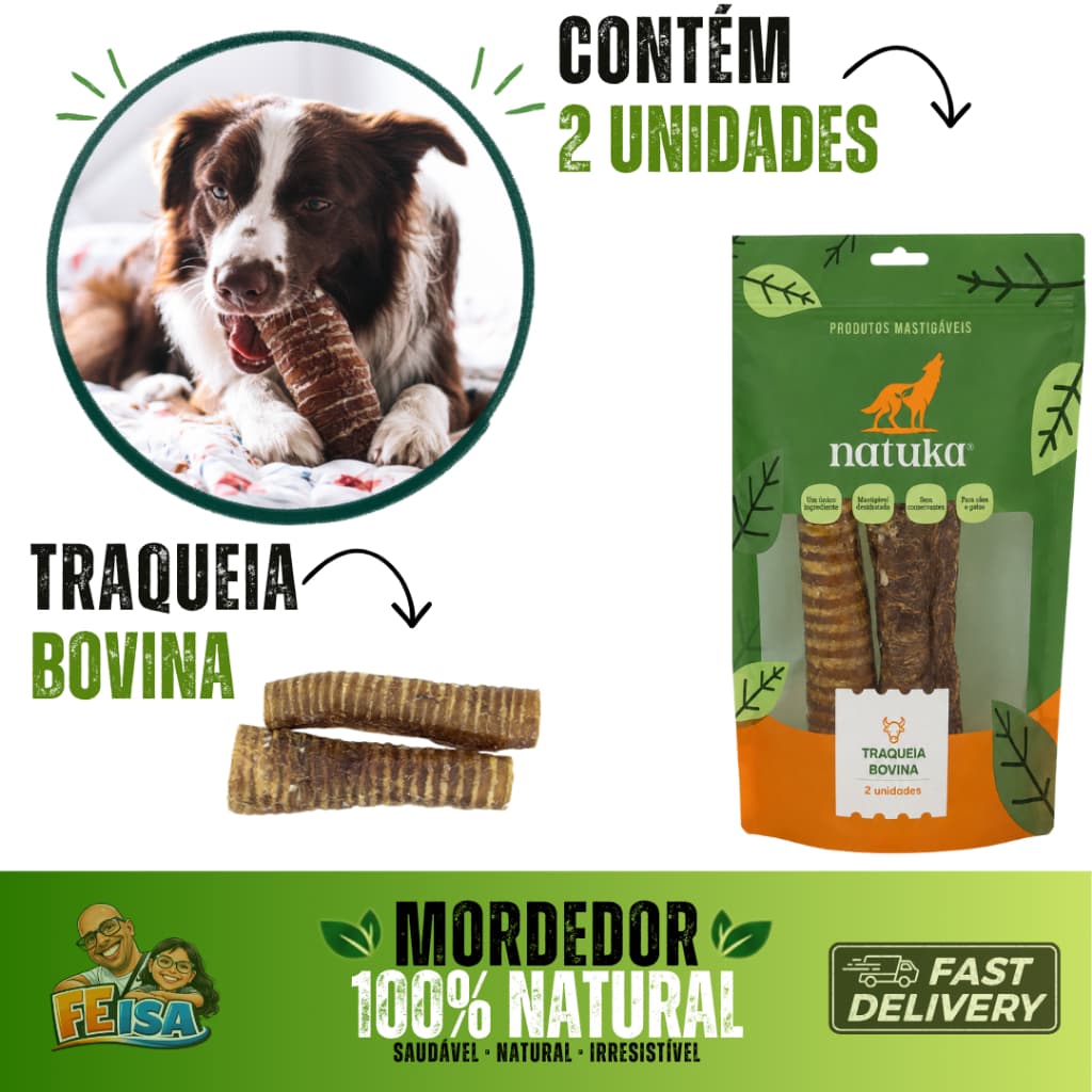 Mordedor 100% Natural Traqueia Bovina Natuka próprio para pet cachorro
