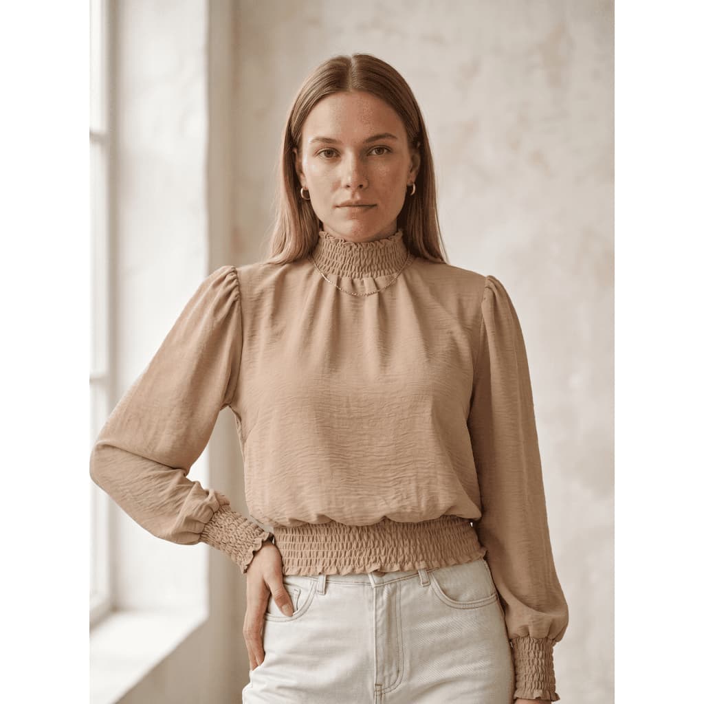 Blusa Feminina Manga Longa Gola Alta Lastex Duna Premium Princesa Elegante Soltinha