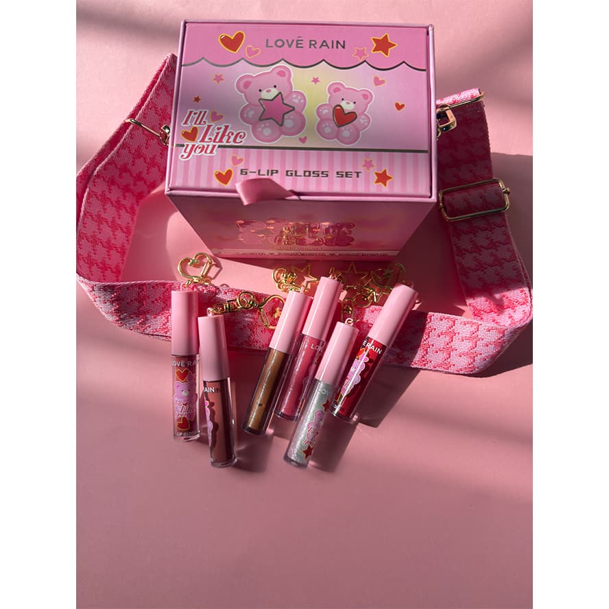 Lové Rain kit com chaveiro - 3 são batom e 3 gloss e acompanha com uma caixa de presente e Alça