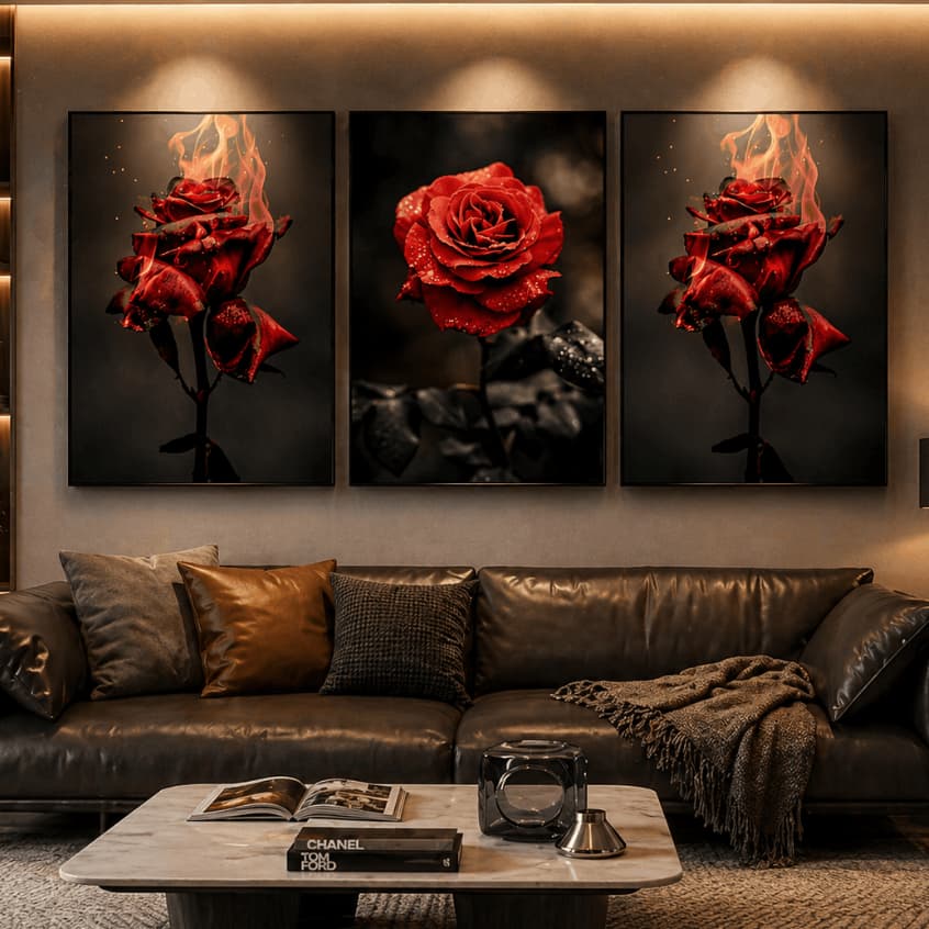 Kit 3 Quadros Decorativos Rosa Vermelha Luxo Floral 3D Sala Quarto Moderno