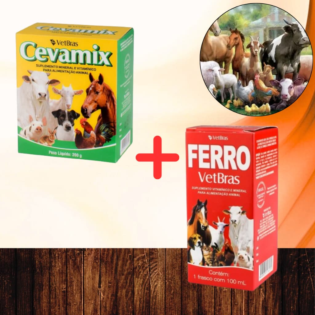 FERRO 100ml e CEVAMIX 200g Fortificante p/ peso Animal Suplemento MINERAL e Vitaminas - Vetbras