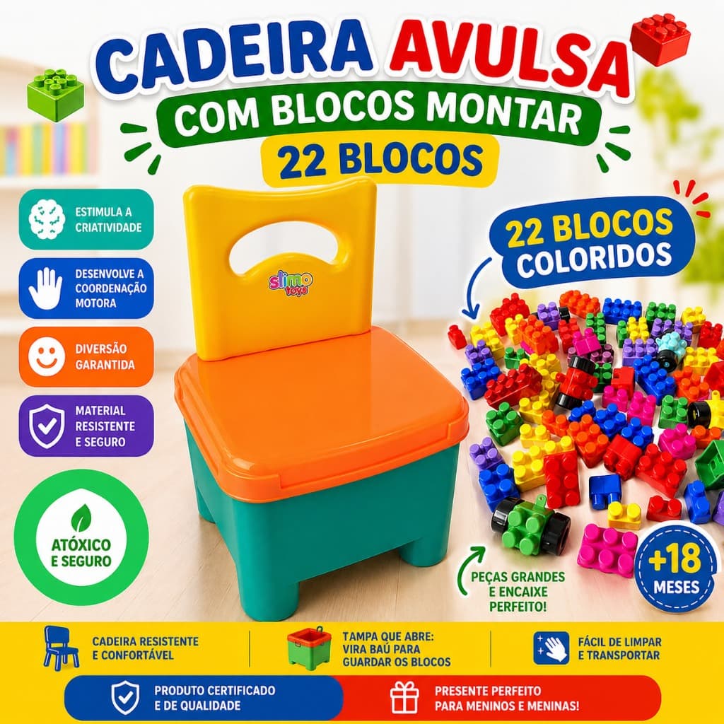 Cadeira Infantil Com Blocos De Montar 22 Peças Baú Didático Educativo Resistente Colorido