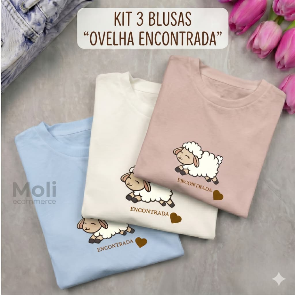 Camiseta Evangélica "ovelha encontrada" KIT 3 BLUSAS 100% ALGODÃO