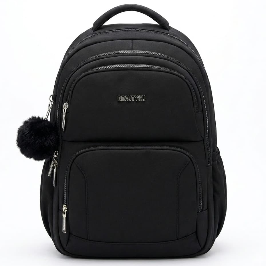 Mochila Feminina Beauty&U Compacta com Bolsos e Pingente Pompom
