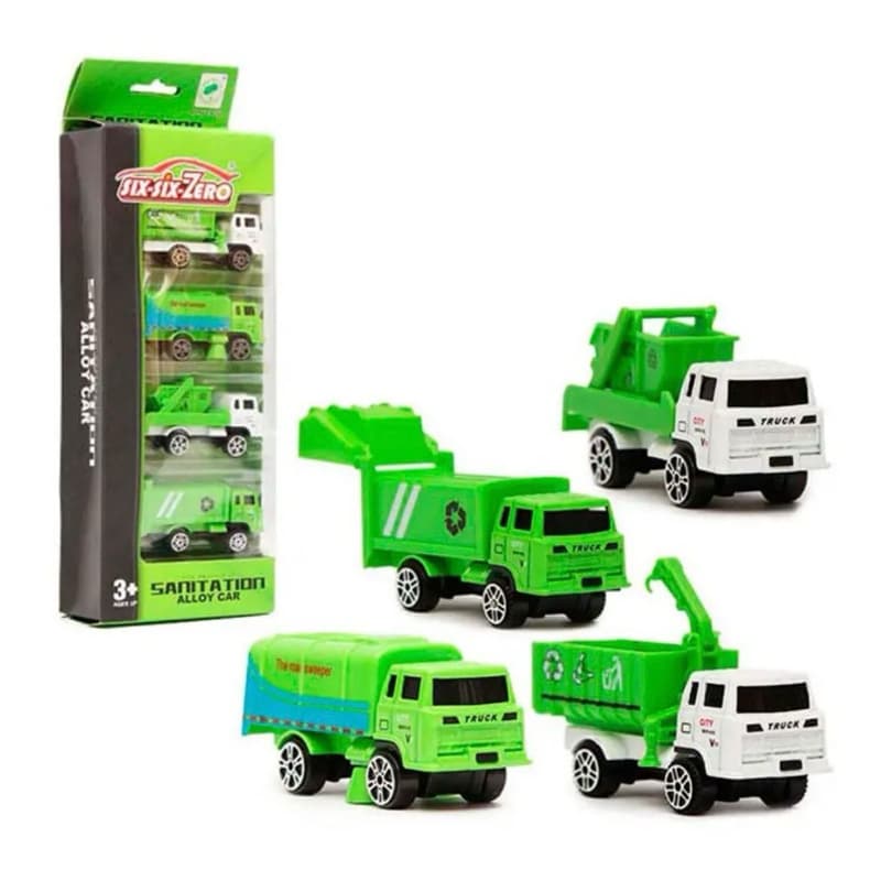 Kit Com 4 Carrinhos De Metal Coleção Coleta Reciclagem Construção Polícia Caminhão Trator Patrola