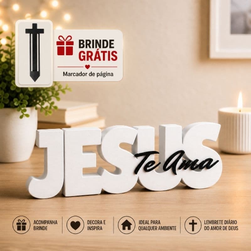 Letreiro Decorativo Jesus te Ama Inspiração Decoração Cristã Moderna em 3D Presente Religioso