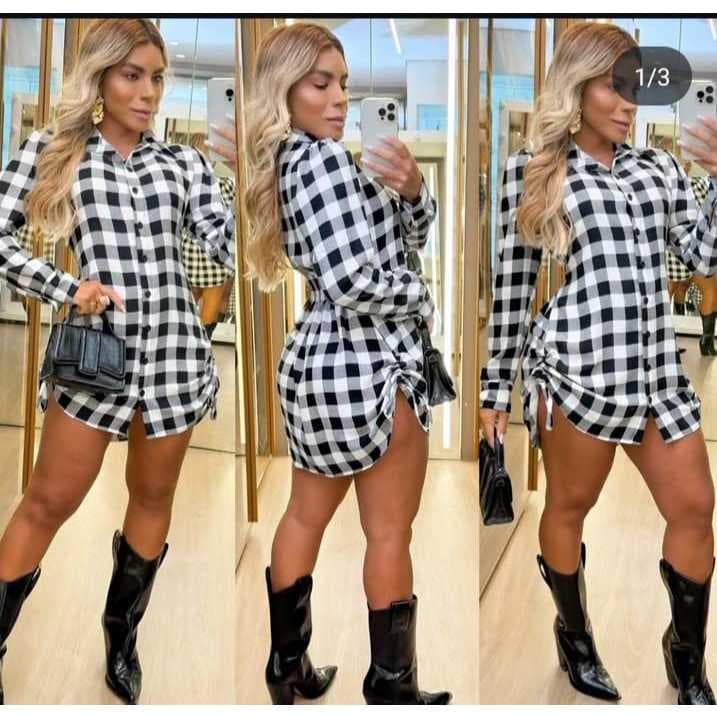 Vestido Xadrez Chemise Feminino Camisão Blogueira com Botão