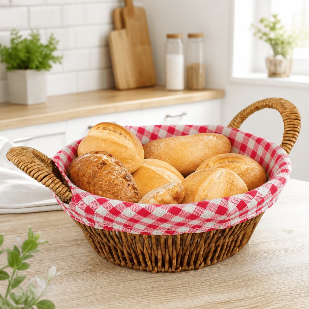 Cesto de Pão Redonda Forro Tecido Xadrez Preto e Vermelho Cesta Elegante para Mesa Café da Manhã Restaurante Decoração