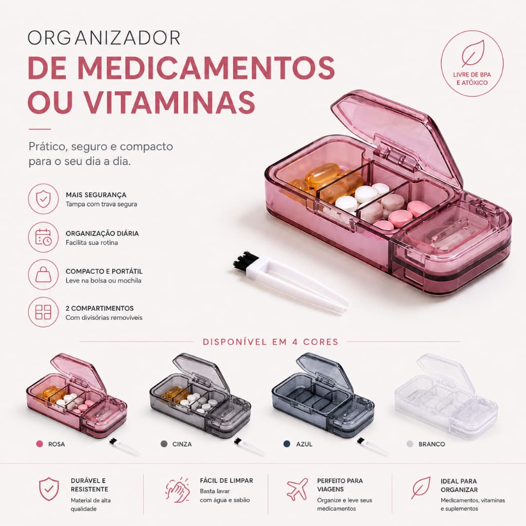 Porta Comprimido Organizador de Medicamentos e Vitaminas Caixa Compacta Portátil com Divisórias