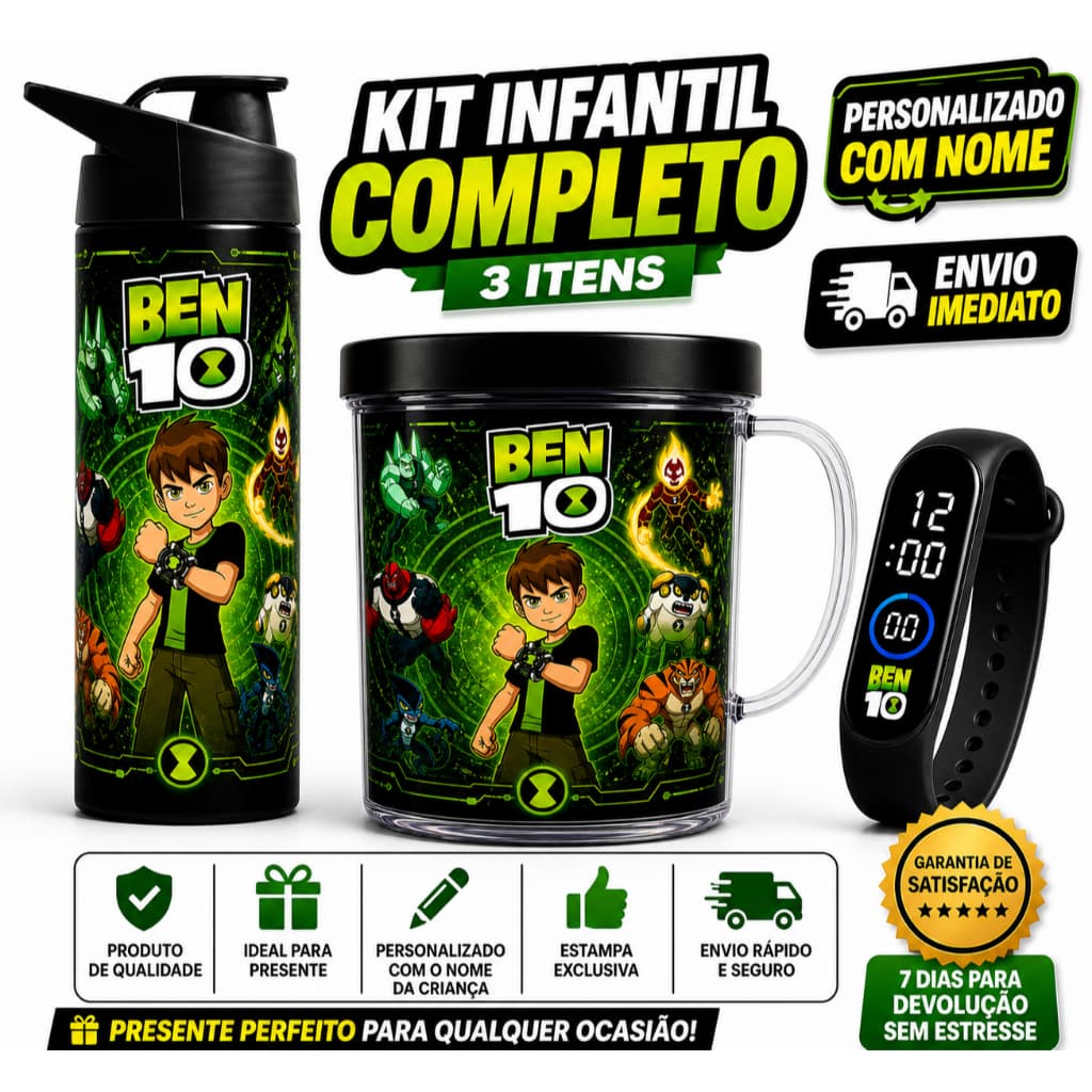 Ben10 Garrafa Copo e Relógio Digital com Nome da Criança Presente Perfeito ENVIO FULL