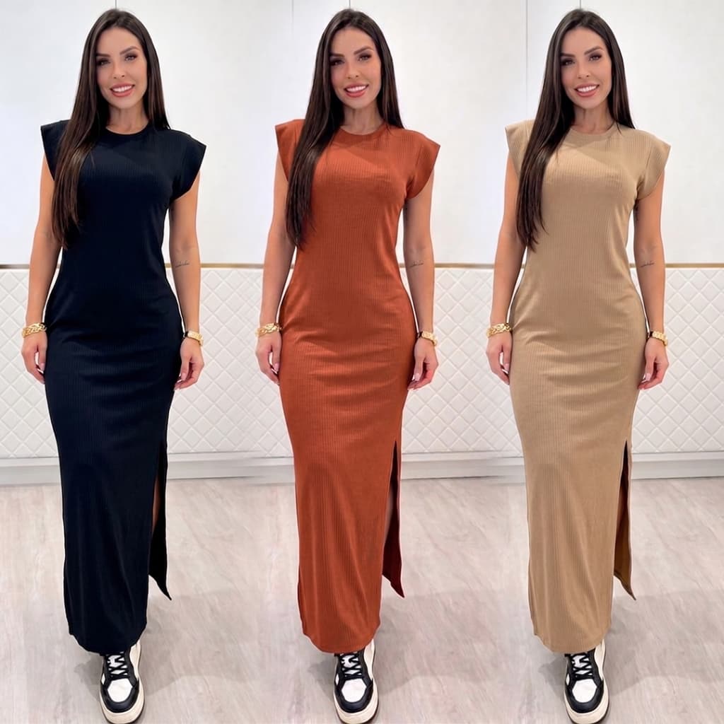 Vestido Longo Casual Básico Feminino Canelada Manga Muscle Moda Gringa, Sem Bolso,Envio Imediato !