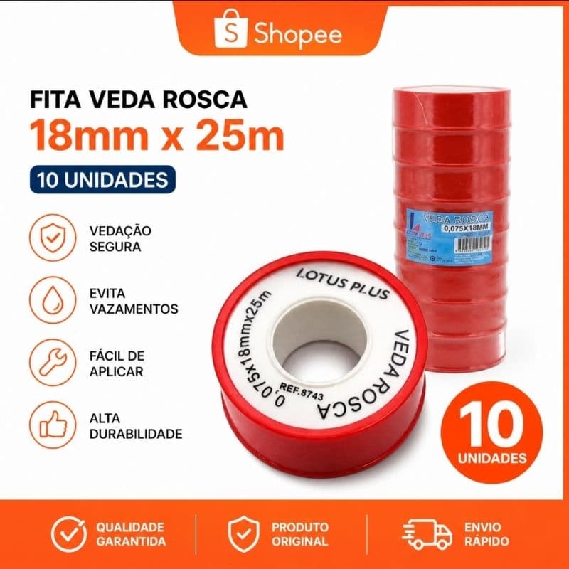 10 Unidades De Fita Veda Rosca 18mm x 25m | 8743